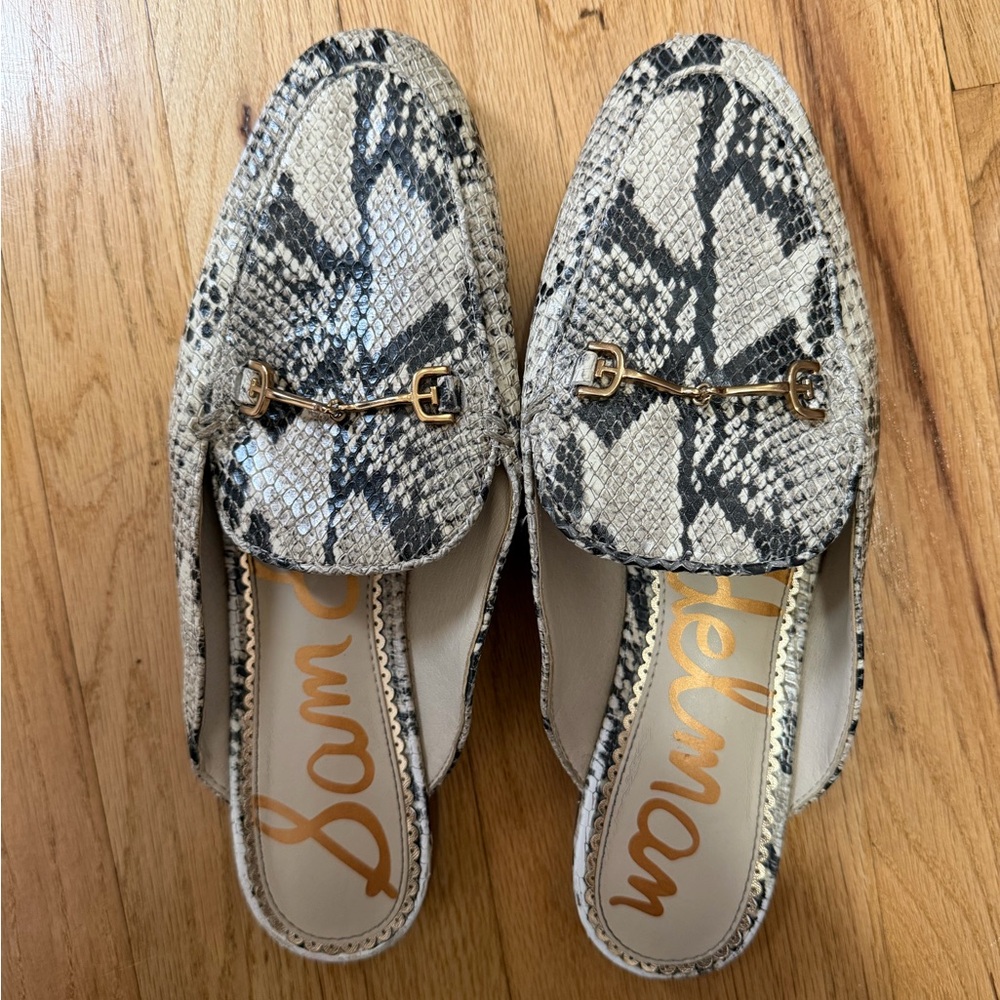Sam Edelman Snake-Print Mules with Gold Bit Detail - Black & White